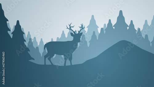 Wildlife forest landscape vector illustration. Scenery of reindeer silhouette in the pine forest. Deer wildlife panorama for illustration, background or wallpaper