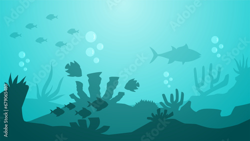 Seascape vector illustration. Scenery of fishes and coral reef in the bottom sea. Underwater panorama for illustration, background or wallpaper