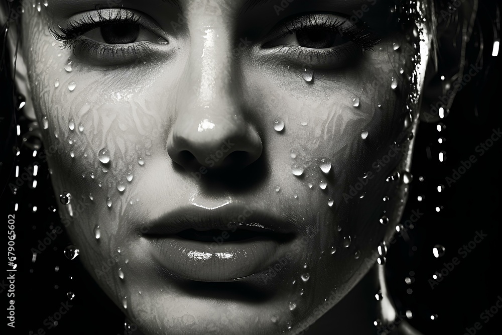 Φωτογραφία a black and white photography of a woman's face, in the style of water drops, emotional facial expression