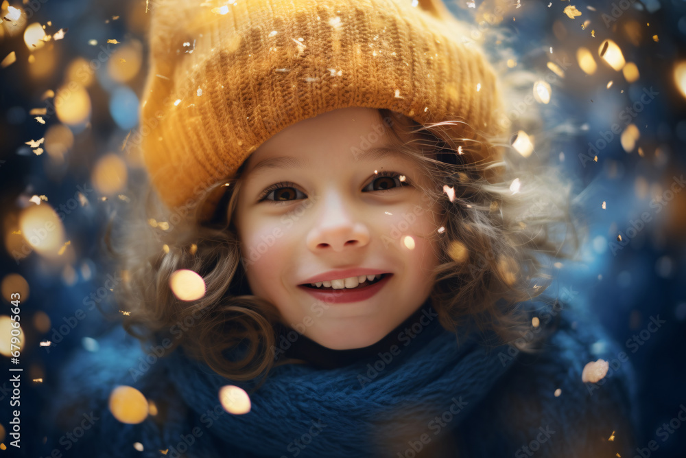 Cute girl on Christmas night. Child in winter holiday event on festive lights background. Kid wear sweater. Happy smile girl enjoy snow falling in winter holiday and New Year concept. Cute girl on Christmas night. Child in winter holiday event on festive lights background. Kid wear sweater. Happy smile girl enjoy snow falling in winter holiday and New Year concept.