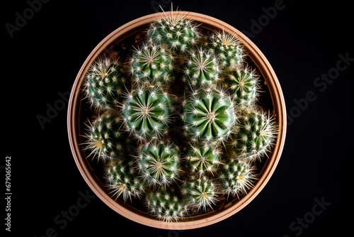 Top view of a cactus in a pot on a black background, with empty copy space