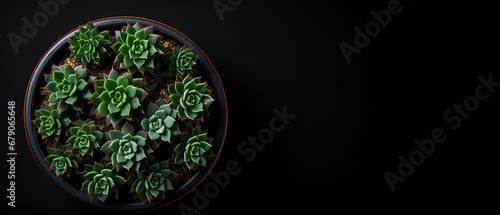 Top view of a cactus in a pot on a black background, with empty copy space