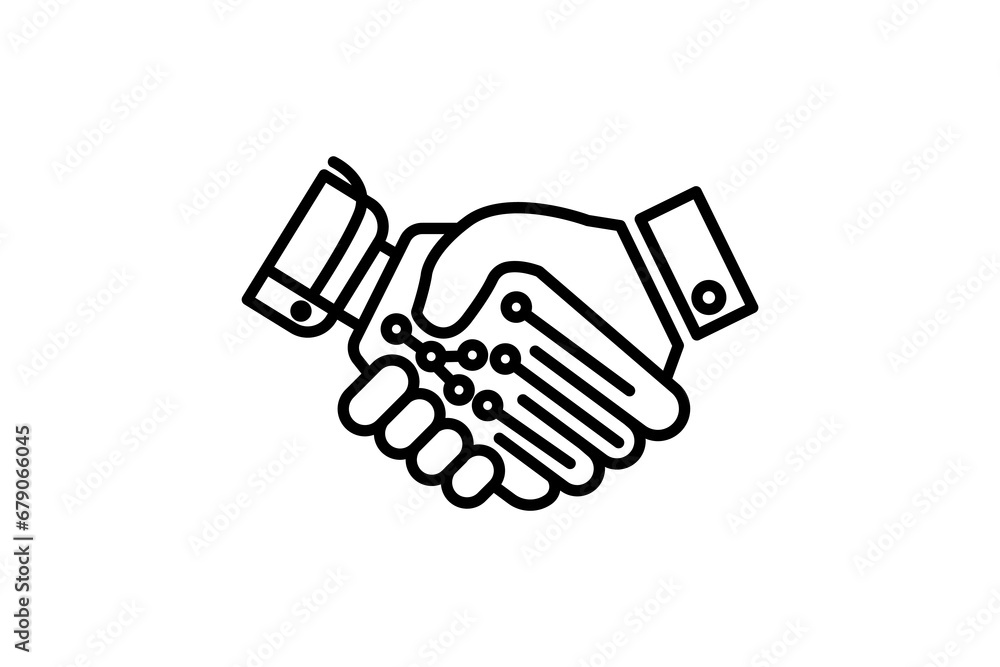handshake icon. human machine collaboration. Handshake between a human hand and a robot hand. icon related to artificial intelligence. line icon style. simple vector design editable handshake icon. human machine collaboration. Handshake between a human hand and a robot hand. icon related to artificial intelligence. line icon style. simple vector design editable