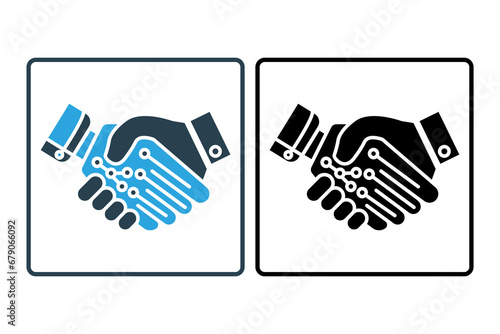 handshake icon. human machine collaboration. Handshake between a human hand and a robot hand. icon related to artificial intelligence. solid icon style. simple vector design editable