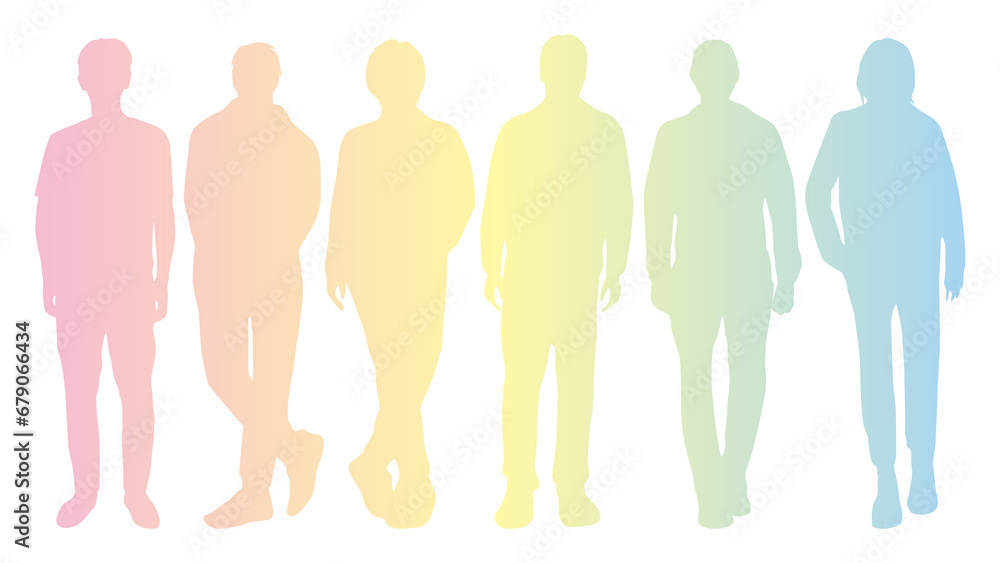 6人の男性が横に並ぶシルエット_パステルグラデーション 6人の男性が横に並ぶシルエット_パステルグラデーション