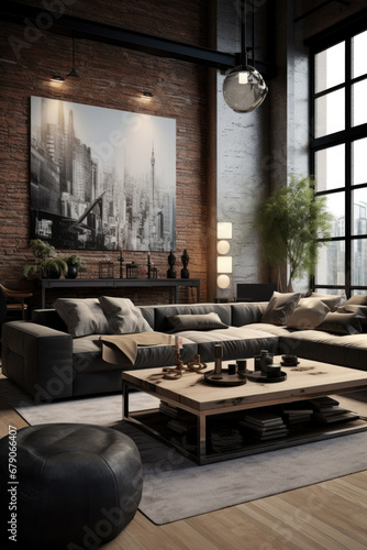 Loft style living room decor , interior design with large sofa, large abstract painting on the background of brick wall © Dinara