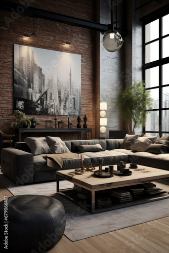 Loft style living room decor   interior design with large sofa  large abstract painting on the background of brick wall