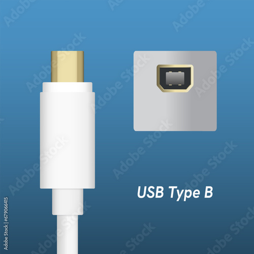USB type B Cable Plugs and Socket Isolated on Blue Background.