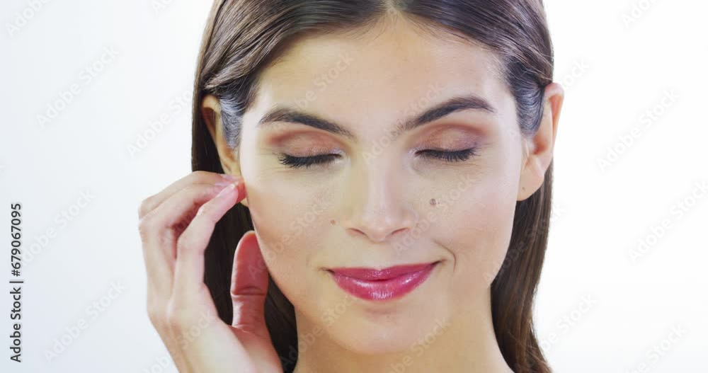 Skincare, glow and hands on face of woman in studio with soft, smooth or cosmetic treatment on white background. Beauty, shine and portrait of female model with dermatology, results and satisfaction Skincare, glow and hands on face of woman in studio with soft, smooth or cosmetic treatment on white background. Beauty, shine and portrait of female model with dermatology, results and satisfaction
