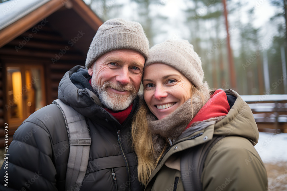 Happy middle aged pair with a snow covered cabin backdrop share a moment Happy middle aged pair with a snow covered cabin backdrop share a moment