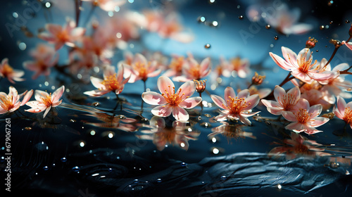 Blossoming water lilies flowers floating on water, natural floral background