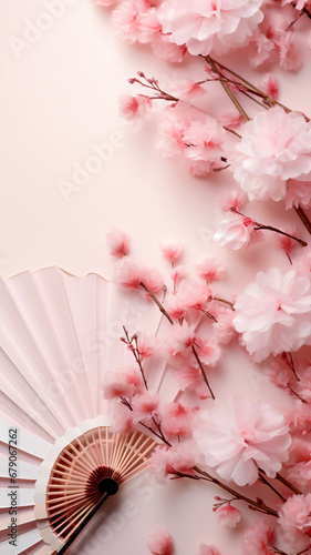 Traditional Japanese fan sensu  pink sakura blossom  spring vertical background