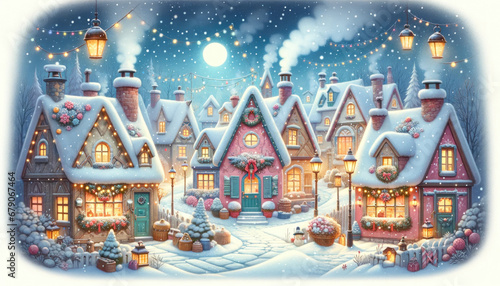 Whimsical village with snow-covered cottages and festive lights