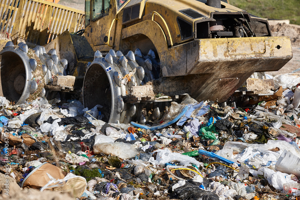 Heavy machinery shredding garbage in an open air landfill. Waste Heavy machinery shredding garbage in an open air landfill. Waste