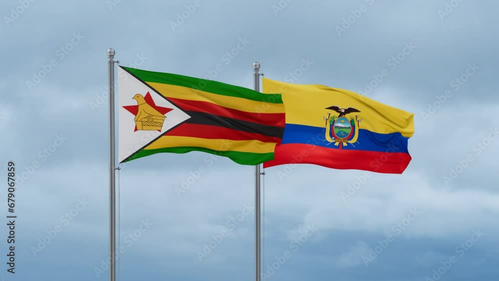 Ecuador flag and Zimbabwe flag waving together on cloudy sky, endless seamless loop, two country relations concept Ecuador flag and Zimbabwe flag waving together on cloudy sky, endless seamless loop, two country relations concept