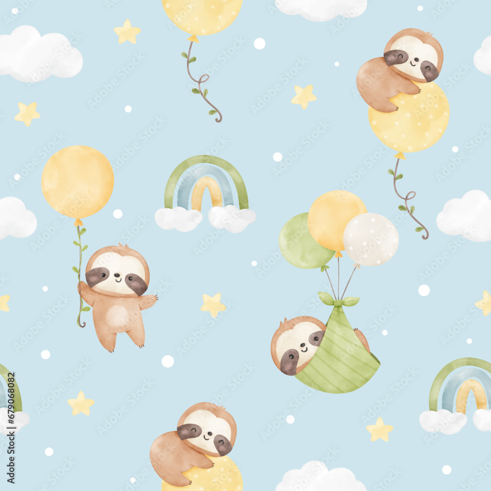 Seamless pattern sloth with balloon in sky For baby shower Greeting card Clothing kids Fabric print Seamless pattern sloth with balloon in sky For baby shower Greeting card Clothing kids Fabric print