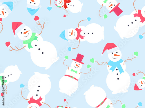 Snowmen seamless pattern. Snowmen dressed in hats, scarves, mittens, headphones and bow tie for suit. Snowman made of three snow balls. Xmas design for banner and poster. Vector illustration