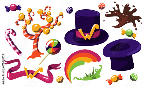 A set of Willy sweets creator. Hat, sweets, rainbow, grass, chocolate splash, caramel trees, striped sweets on a white background. A collection of parts from a fantastic chocolate factory