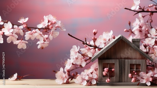 Miniature Wooden House Cherry Flowers, HD, Background Wallpaper, Desktop Wallpaper