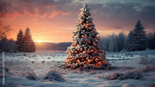 decorated christmas tree mit some colorful gifts in snowy landscape. Generative AI © Sascha