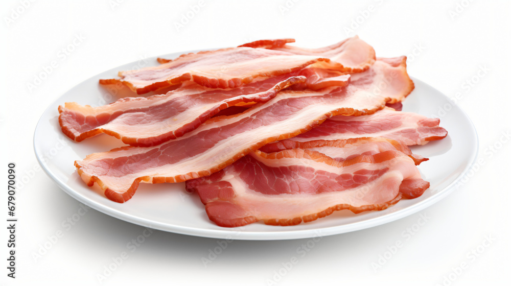 White plate with cooked bacon rashers isolated on white background