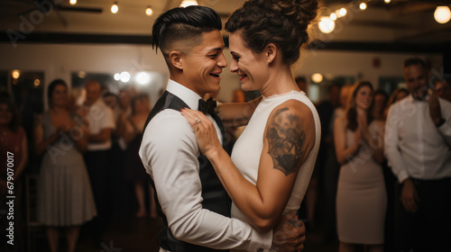 Transgender man dancing with partner at wedding