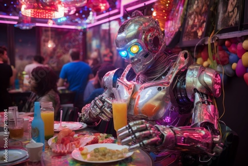 Fototapeta Naklejka Na Ścianę i Meble -  Robot humanoid eating in restaurant. Robotic machine having lunch in futuristic gastronomy bar. Generate ai