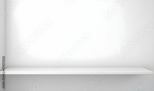 A white empty shelf on a white wall. Vector layout, copy space. Generative AI
