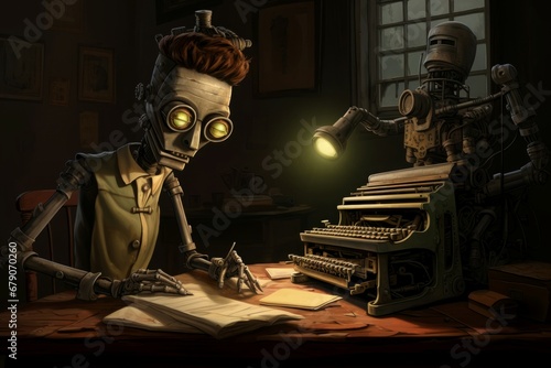 Medieval robot writer. Robotic author redactor with ancient typewriter at the table. Generate ai photo