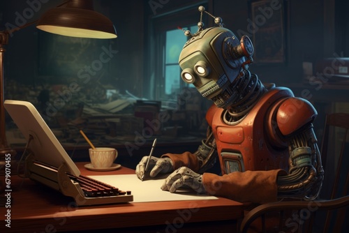 Cuadro en lienzo Cyborg robot writing on the sheet paper