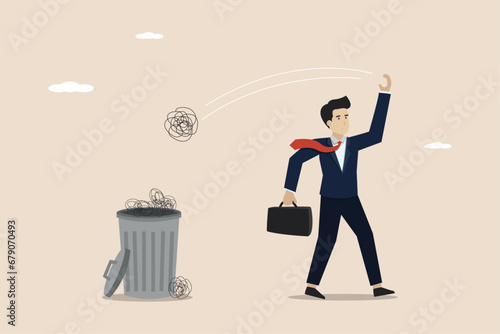 Throwing away problems, getting rid of mistakes or bad thoughts, concept of eliminating business problems, business people throwing all problems into the trash.