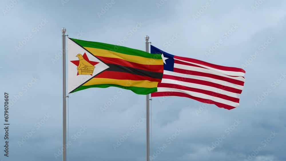 Liberia and Zimbabwe flag waving together on cloudy sky, endless seamless loop, two country cooperation concept Liberia and Zimbabwe flag waving together on cloudy sky, endless seamless loop, two country cooperation concept