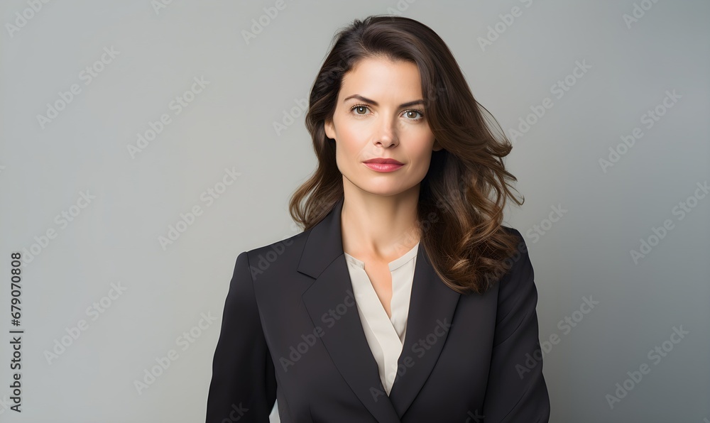 businesswoman in 40s with light grey background, brown hair, copy space. Generative AI businesswoman in 40s with light grey background, brown hair, copy space. Generative AI