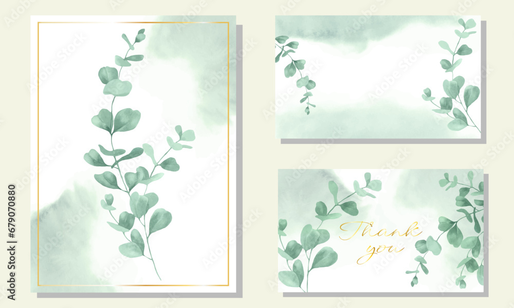  Watercolor set of floral cards with eucalyptus leaves, branches. Hand drawn illustration isolated on background. Vector EPS.
