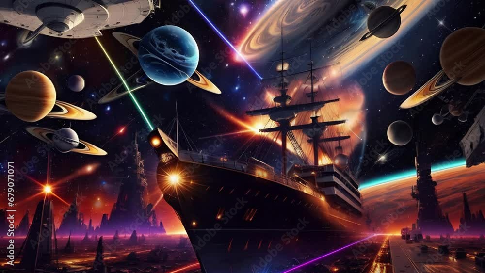 Futuristic cosmic animation with sailing ship flies in space. Deep space, galaxy and space dreadnought. Bright cosmic animation with illustrations transformations. AI generated cinematic video Futuristic cosmic animation with sailing ship flies in space. Deep space, galaxy and space dreadnought. Bright cosmic animation with illustrations transformations. AI generated cinematic video