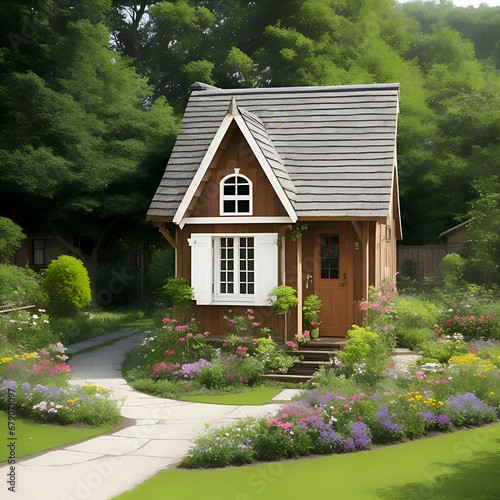 A cute little wooden house decorated with a flower garden.