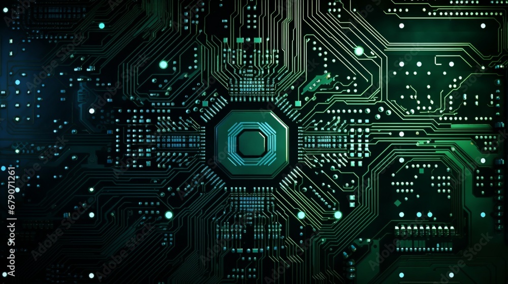 A circuit board displaying intricate electronic microchip arrangements.