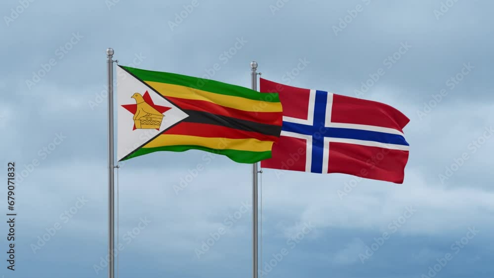 Norway flag and Zimbabwe flag waving together on cloudy sky, endless seamless loop, two country relations concept Norway flag and Zimbabwe flag waving together on cloudy sky, endless seamless loop, two country relations concept