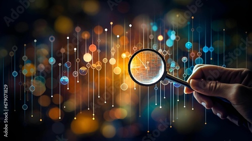 AI generated illustration of a human holding a magnifying glass over various digital circles