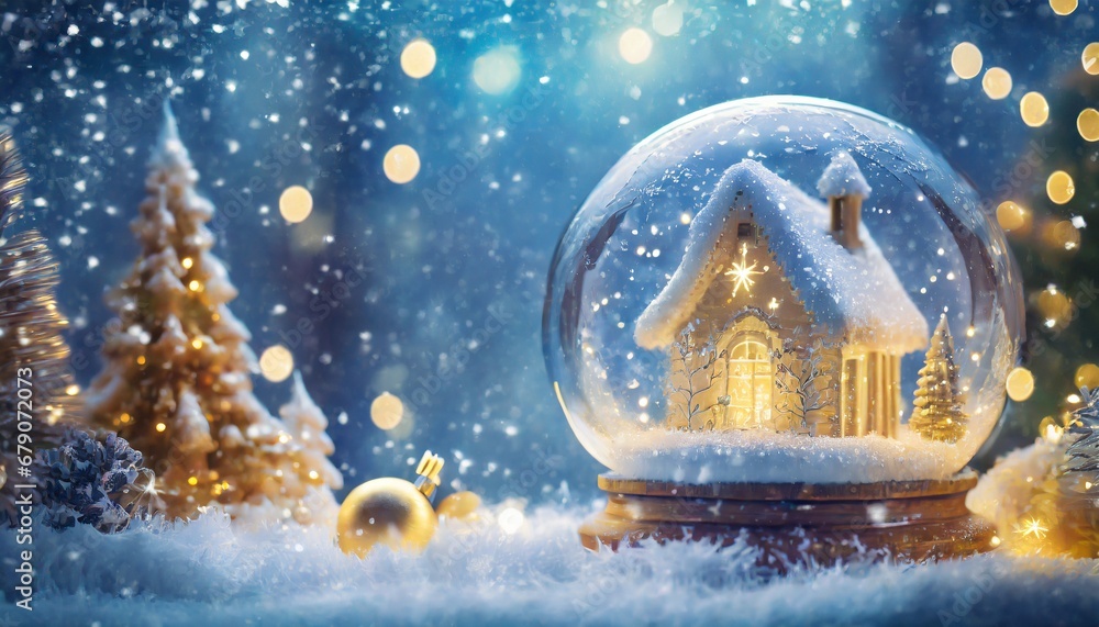 Szklana kula z domkiem w środku. prószący śnieg, światełka  i dekoracje świąteczne. Świąteczny zimowy nastrój pełen ciepła światła, śniegu. Choinki pokryte śniegiem. Niebieskie tło, miejsce na tekst. - obrazy, fototapety, plakaty 
