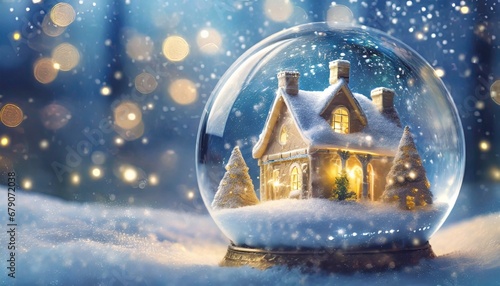 Szklana kula z domkiem w środku. prószący śnieg, światełka  i dekoracje świąteczne. Świąteczny zimowy nastrój pełen ciepła światła, śniegu. Choinki pokryte śniegiem. Niebieskie tło, miejsce na tekst. photo