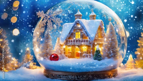 Szklana kula z domkiem w środku. prószący śnieg, światełka  i dekoracje świąteczne. Świąteczny zimowy nastrój pełen ciepła światła, śniegu. Choinki pokryte śniegiem. Niebieskie tło, miejsce na tekst.