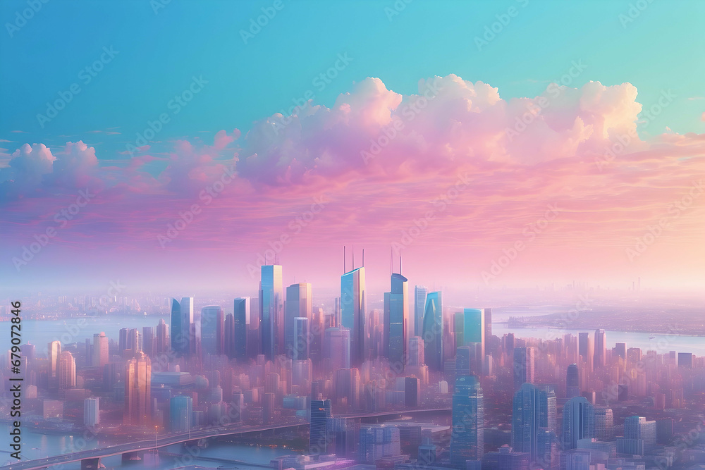 city skyline at pastel color sunset