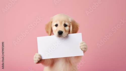 Happy smiling dog sitting on white holding blank sign to enter your messag