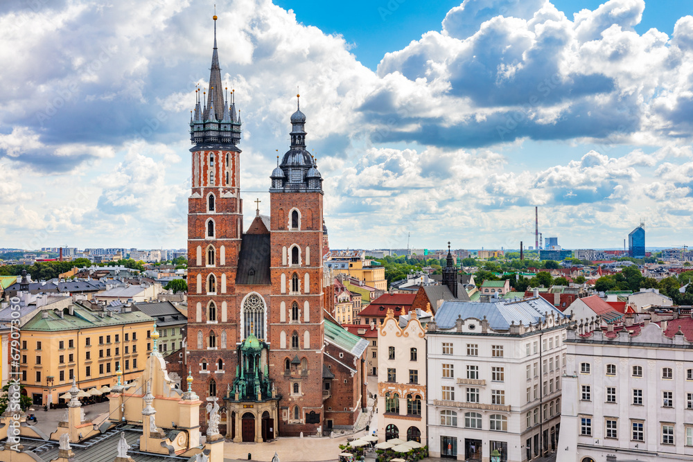 St. Mary's Basilica on the old town of Cracow, Poland. Aerial view - obrazy, fototapety, plakaty 