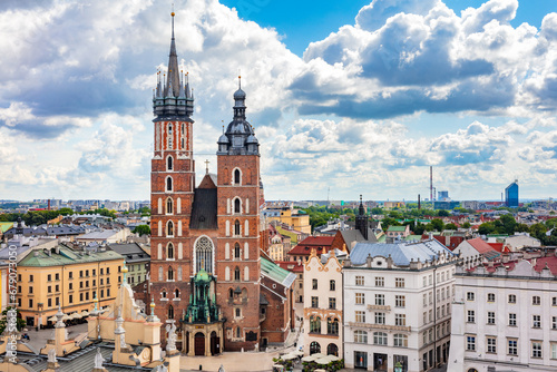 St. Mary's Basilica on the old town of Cracow, Poland. Aerial view photo