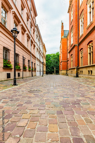 Empty cobblestone old town street in Cracow, Poland