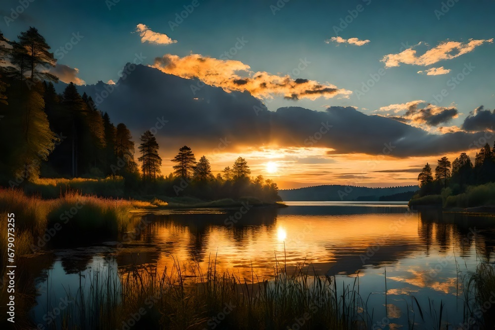 Fototapeta premium sunset over the river