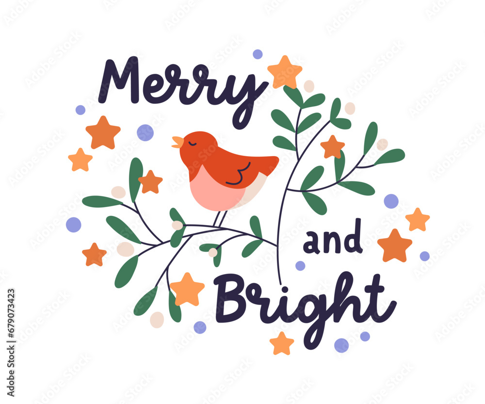 Winter holiday sticker design. Merry Christmas decoration, festive decor composition with cute bird singing on season berry branch, mistletoe. Flat vector illustration isolated on white background