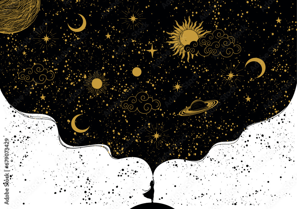 Woman touching space with hand, mystical universe poster, imagination, astrology. Zodiac banner with planets, stars and sun on a black background with golden planets. Flat vector illustration. - obrazy, fototapety, plakaty 
